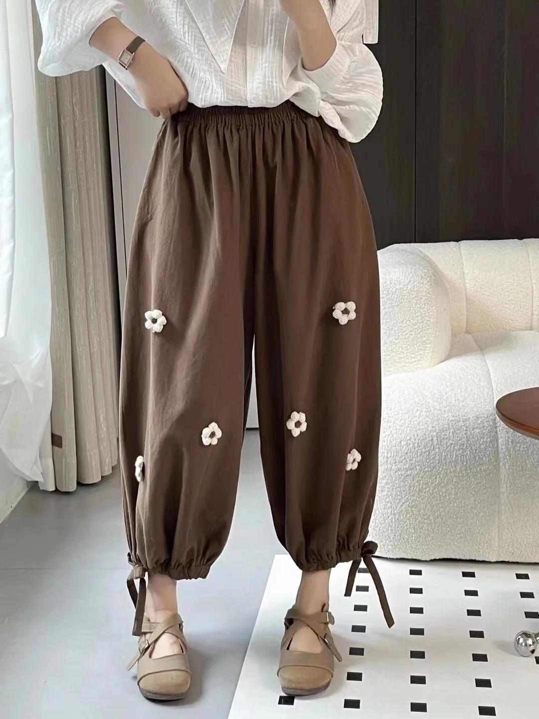 2025 신상 여름 코튼 블루머 팬츠, 여성용 밴딩 허리 3D 플로럴 패치워크, 모리걸 프렌치 빈티지 루즈핏 트라우저 B57886CC