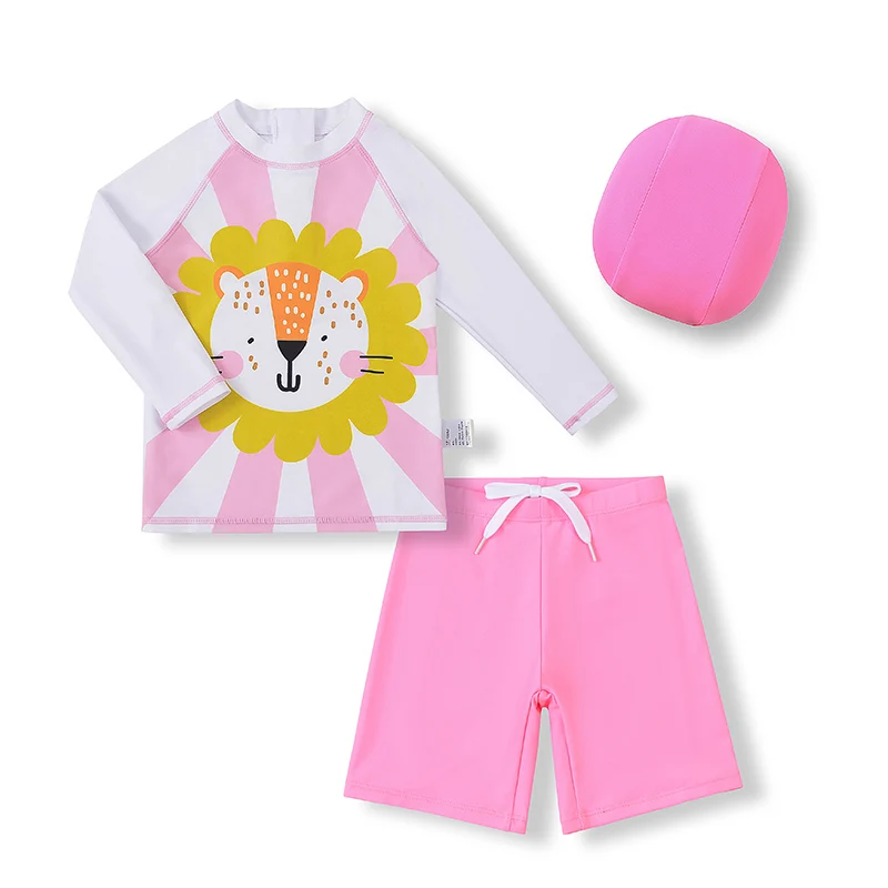 

3 Pcs New Pink Girl Swimsuit Sun Protection UPF 50+ Long Sleeve Swimming Sunsuit Hat Split Children Bathing Cartoon Suits Set