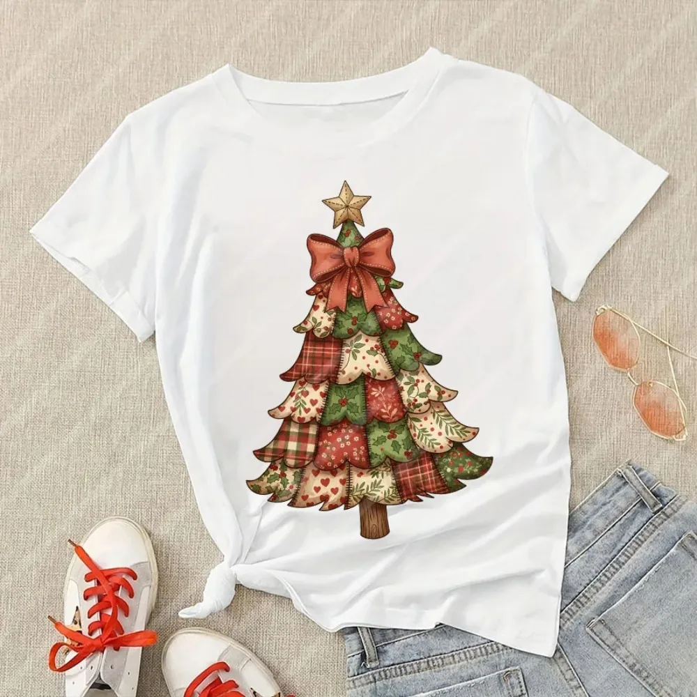 

Ретро лоскутные футболки с рождественской елкой, толстовки, одежда, рождественский декор, женская рождественская одежда больших размеров, футболка для новогодней вечеринки