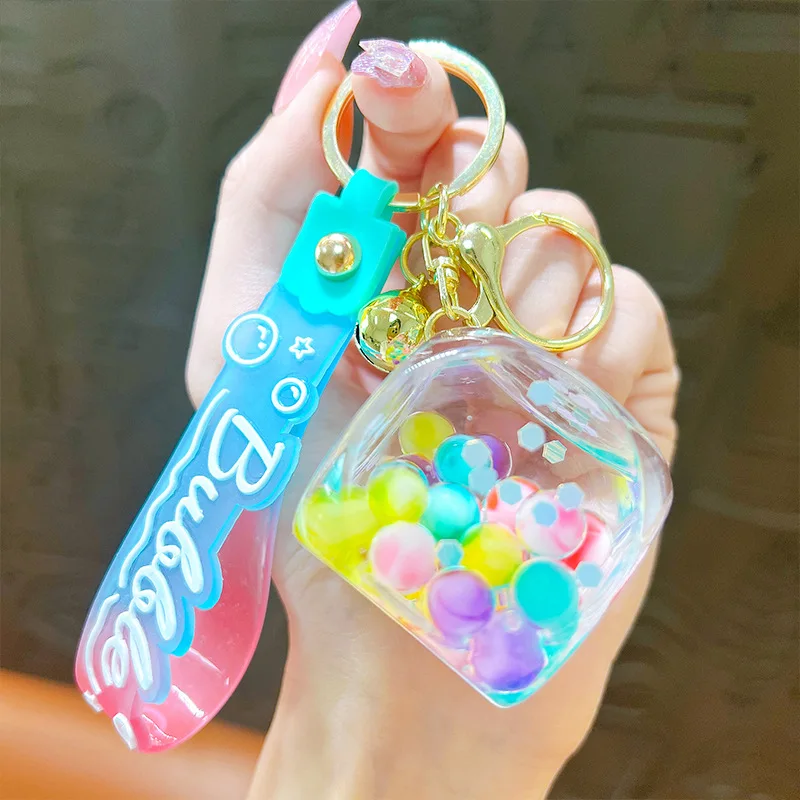Creative Moving Jelly Bean Keychain Cute Liquid Quicksand Acrylic Bottle Keychain For Couple Bag Charm Keyring Gifts