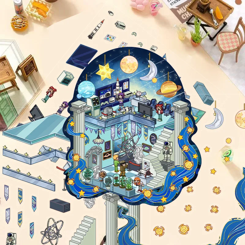 3pcs Landscape Stickers Astronomical Museum Miniature Scene 3D House Cartoon Handcrafted Landscape Stickers