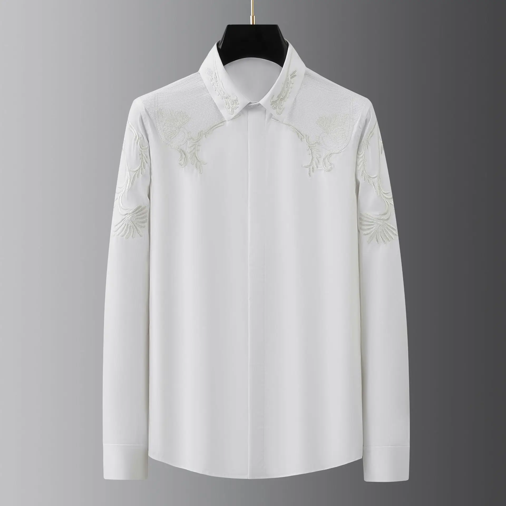 Autumn high-end craft embroidered wheat ear flower men's long sleeved shirt European and American style versatile shirt