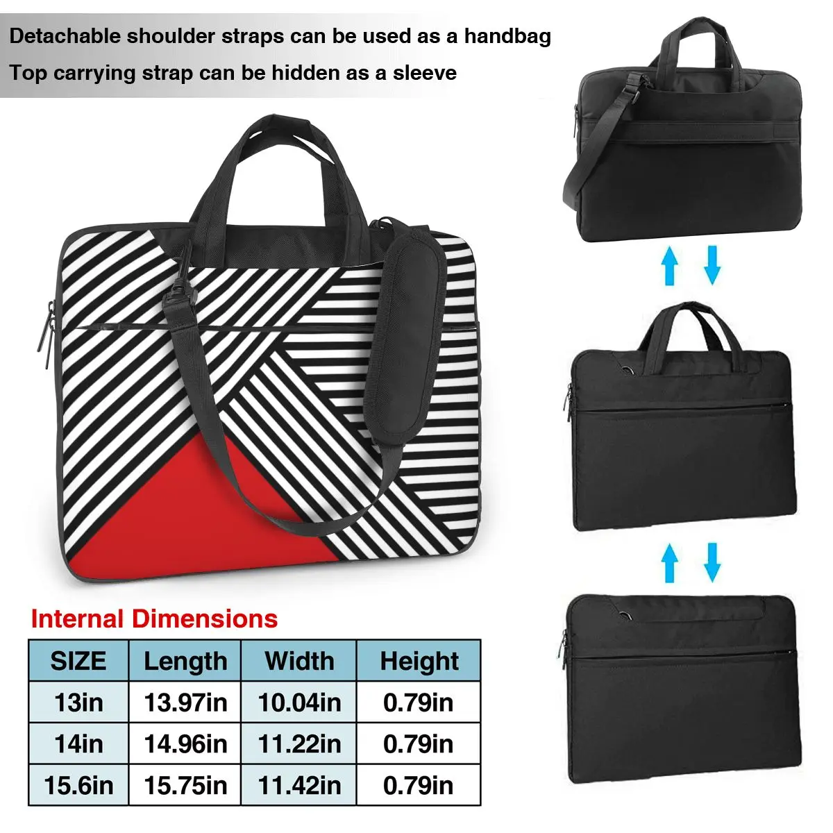 Black And White Stripes With Red Triangle Laptop Bag Protective Case Computer Bag 13 14 15.6 Inch Crossbody Notebook Pouch