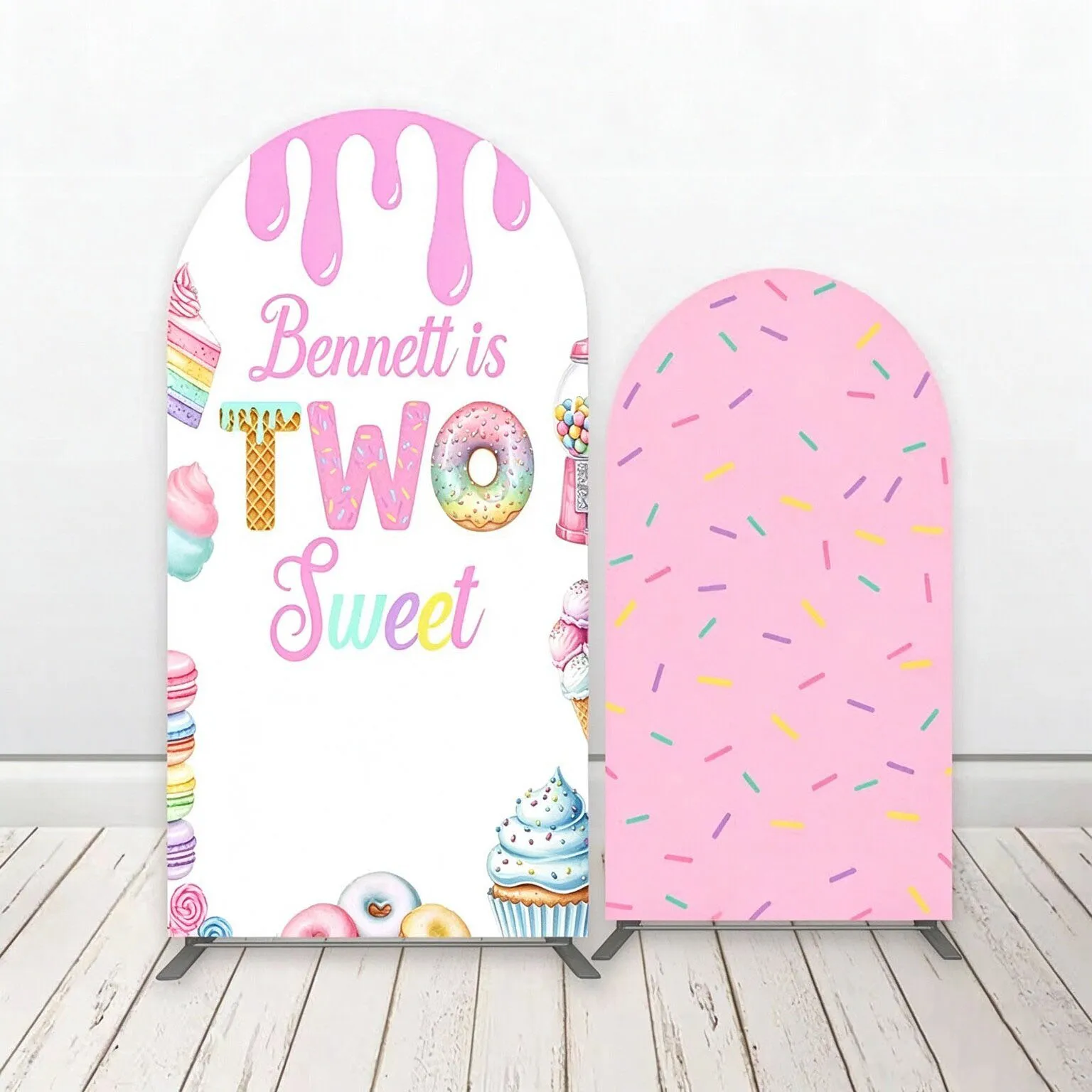 Custom 2-Side Two Sweet Baby Shower Arch Backdrop Cover Ice Cream Doughnut Diy Name Age Birthday Party Decor Backdrop Photo