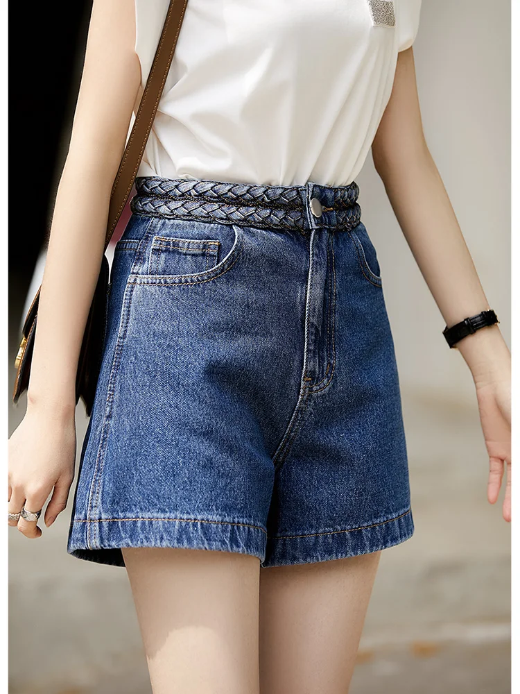 

High Waist A-Line Denim Shorts Women's Washed Heavy-Weave Twist Spring Summer Casual Comfortable Breathable Cotton Jeans