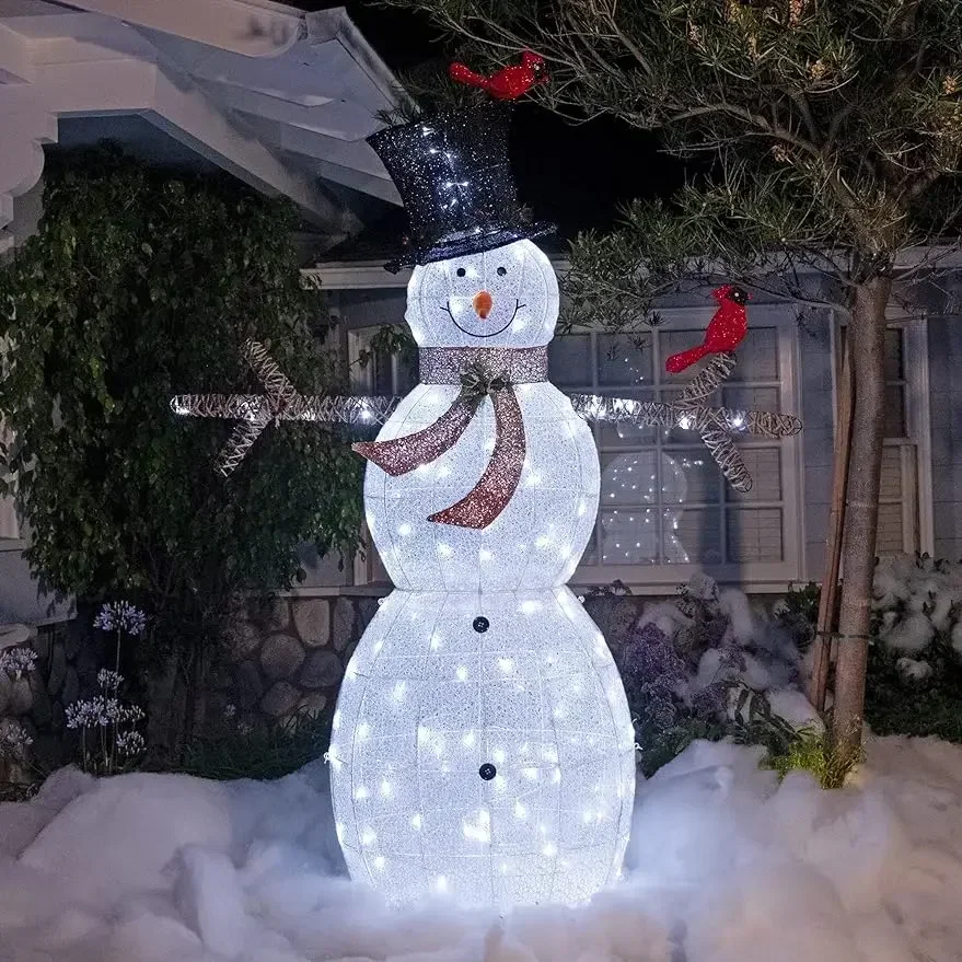 Alpine Company Large White Mesh Snowman Decoration, Bird Accents and LED Lights