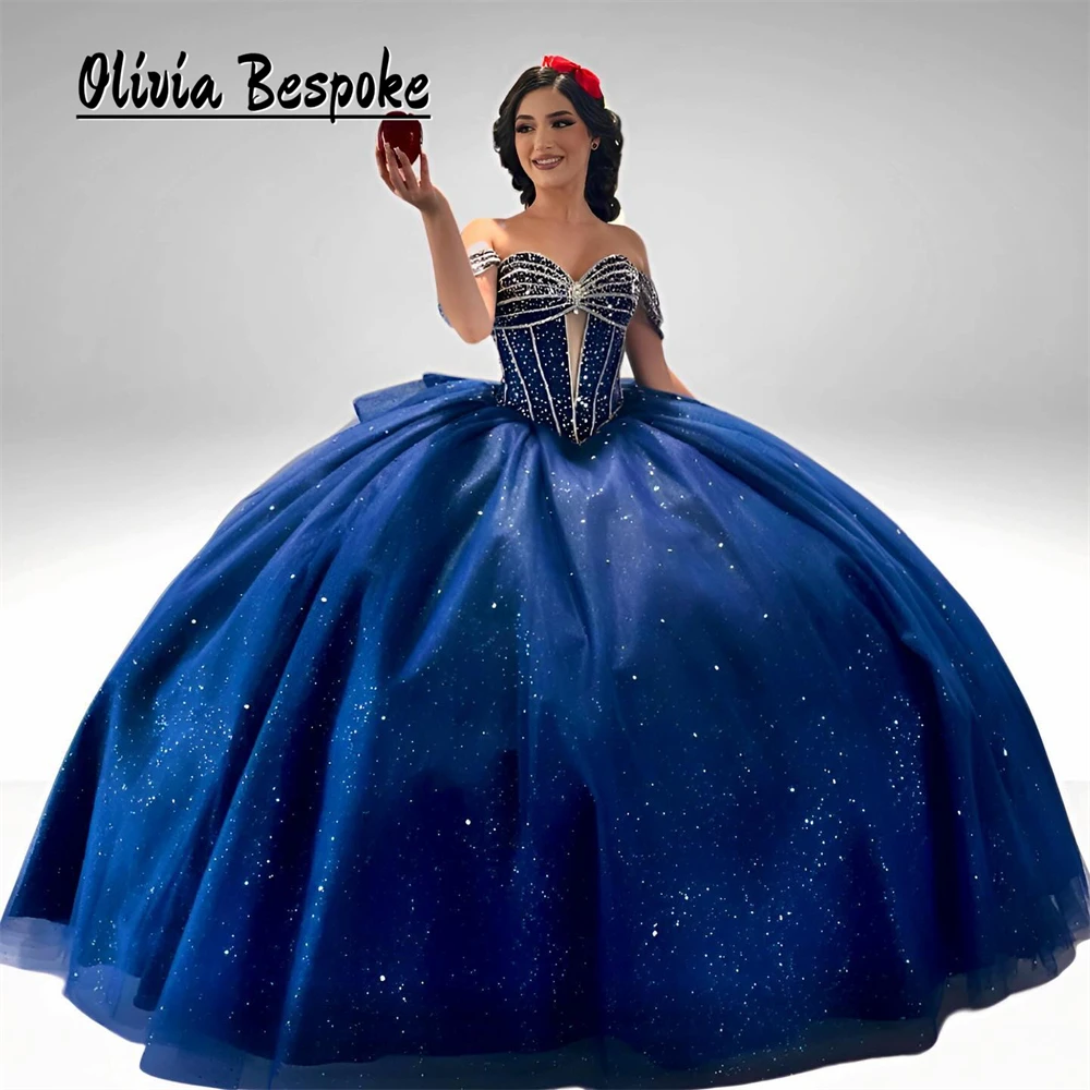 Fantastic Mexican Dark Blue Quinceanera Dresses Beaded Crystal Cinderella Ball Gown For 15 Years Old Girl Birthday Customized