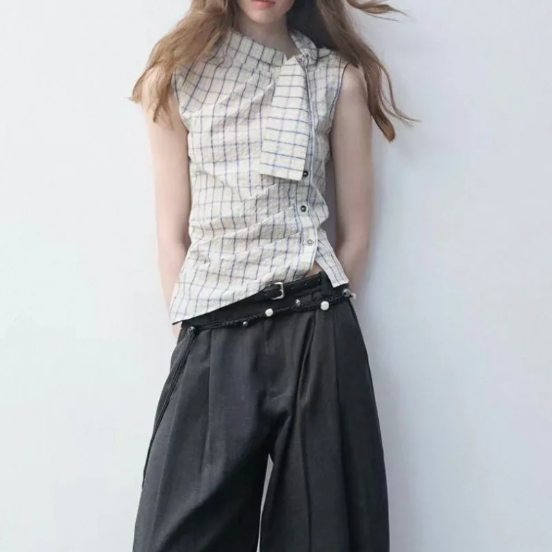 Kimotimo Plaid Sleeveless Shirt Women Vintage Bandage Slim Folds Waist Button Crop Top 2026 Summer Elegant Y2k Aesthetic Blouse