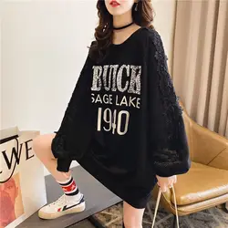 Lazy Style Print Letter Casual Hoodies Sweatshirts Spring Autumn New Loose Lace Patchwork Korean Pullovers Fashion Women Clothes