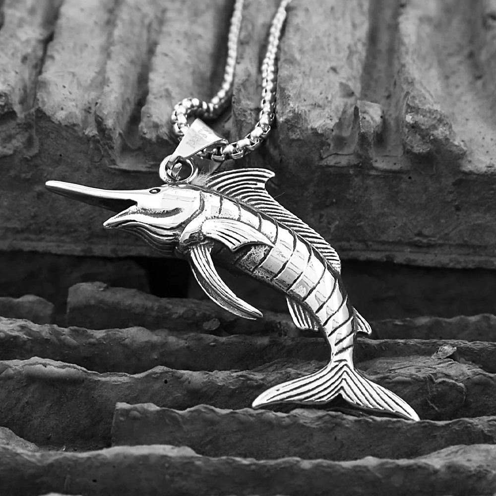 Punk Swordfish Pendant Necklace Men's Stainless Steel Animal Pendants Chain Locomotive Hip Hop Rider Biker Jewelry Wholesale