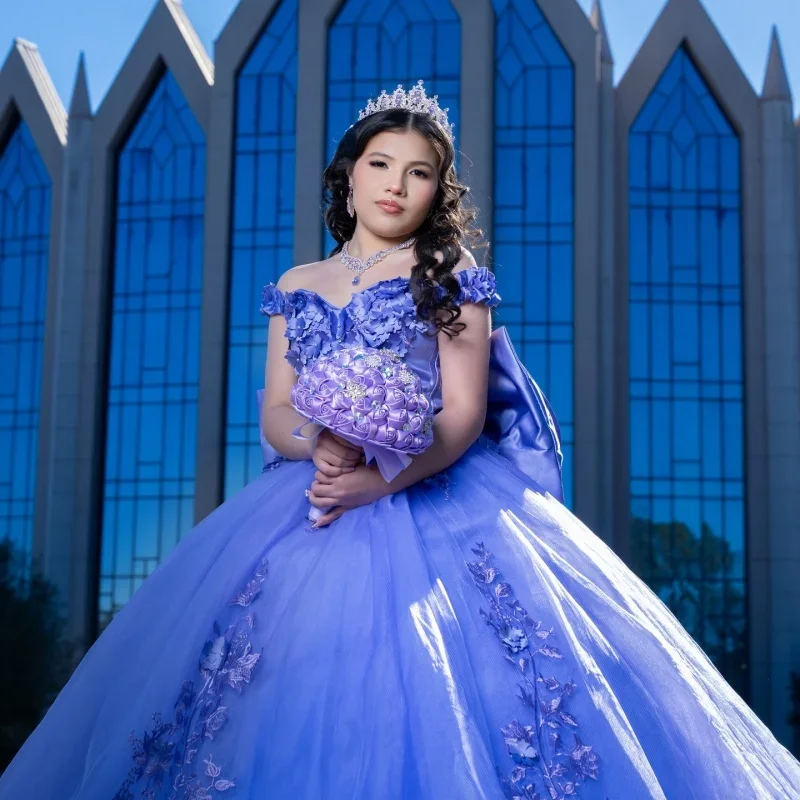 

Purple Quinceanera Dresses Off the Shoulder 3D Flower Decal Long tail Bow Vestido e 15 Quinceanera Anos Sweet 16 Dress