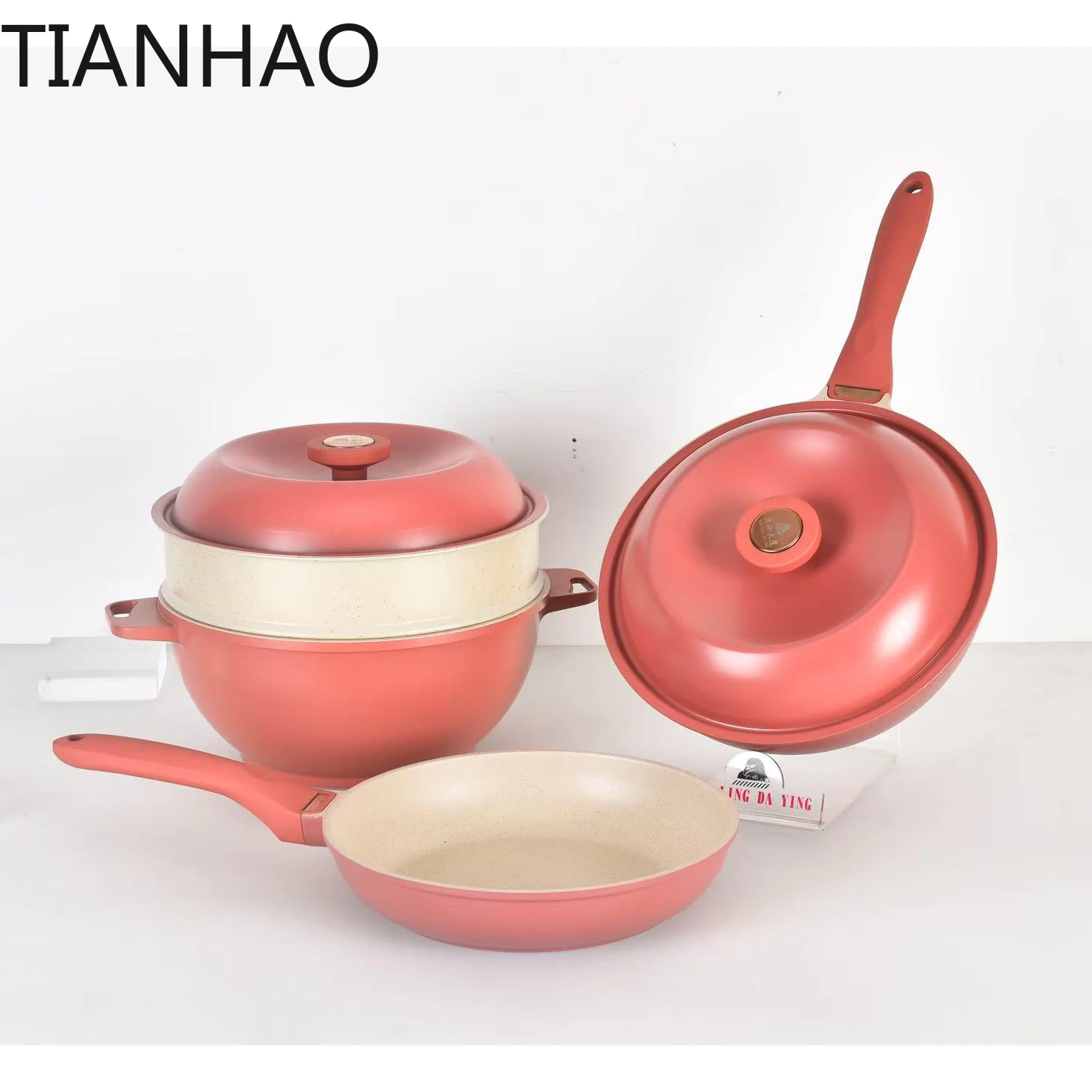 Wholesale Minimalist Red Non-Stick Coated Cookware Set Die-Cast Aluminum Soup Pot with Steamer Wok and Frying Pan