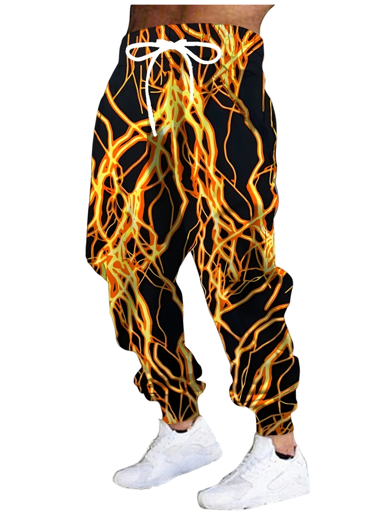 

New Men's 3D Lightning Print Casual Outdoor Breathable Pants Stylish Drawstring Streetwear Trousers Mens Cuffed P