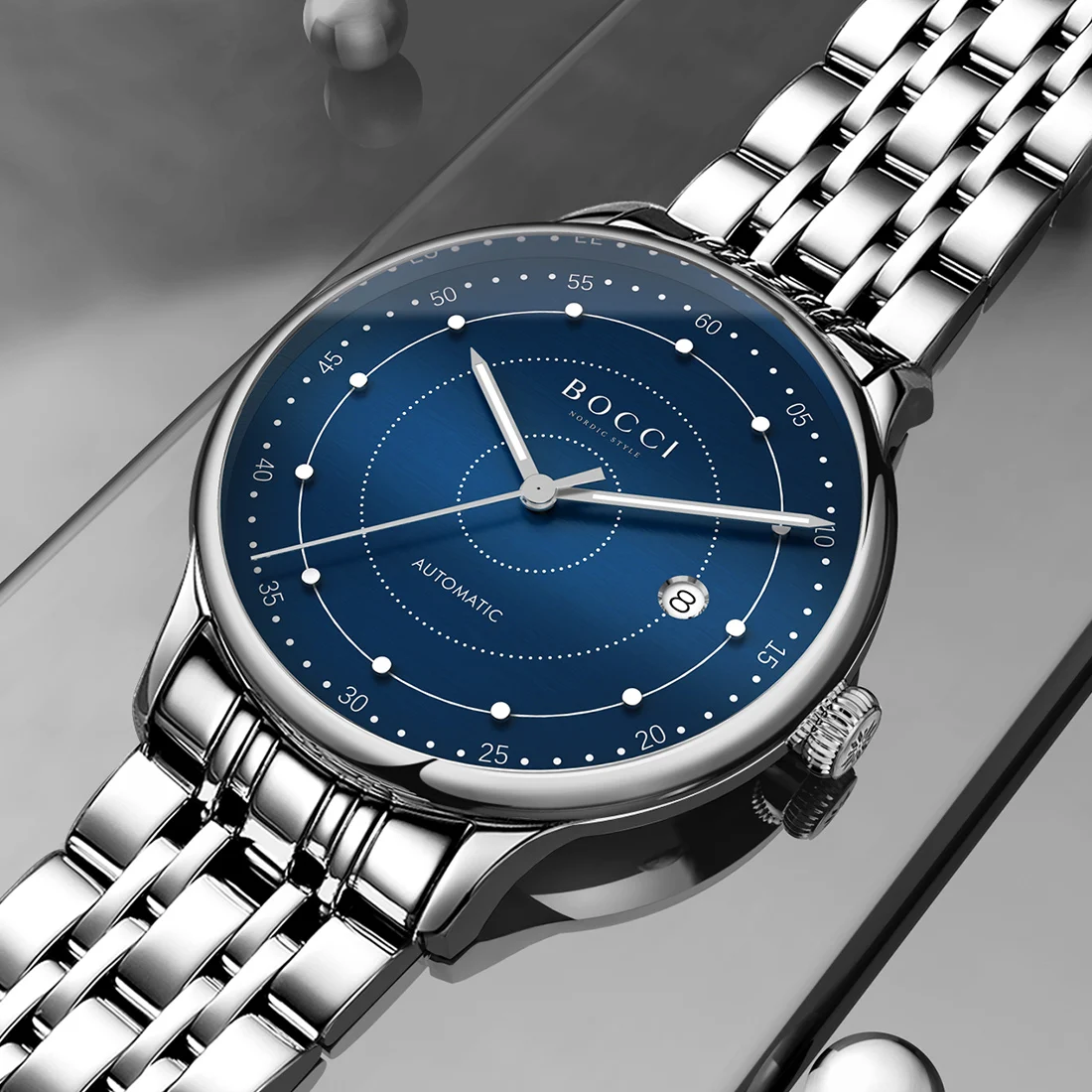 BOCCI 本物のメンズ自動巻き機械式腕時計、防水夜光ステンレスビジネス腕時計、プレミアム