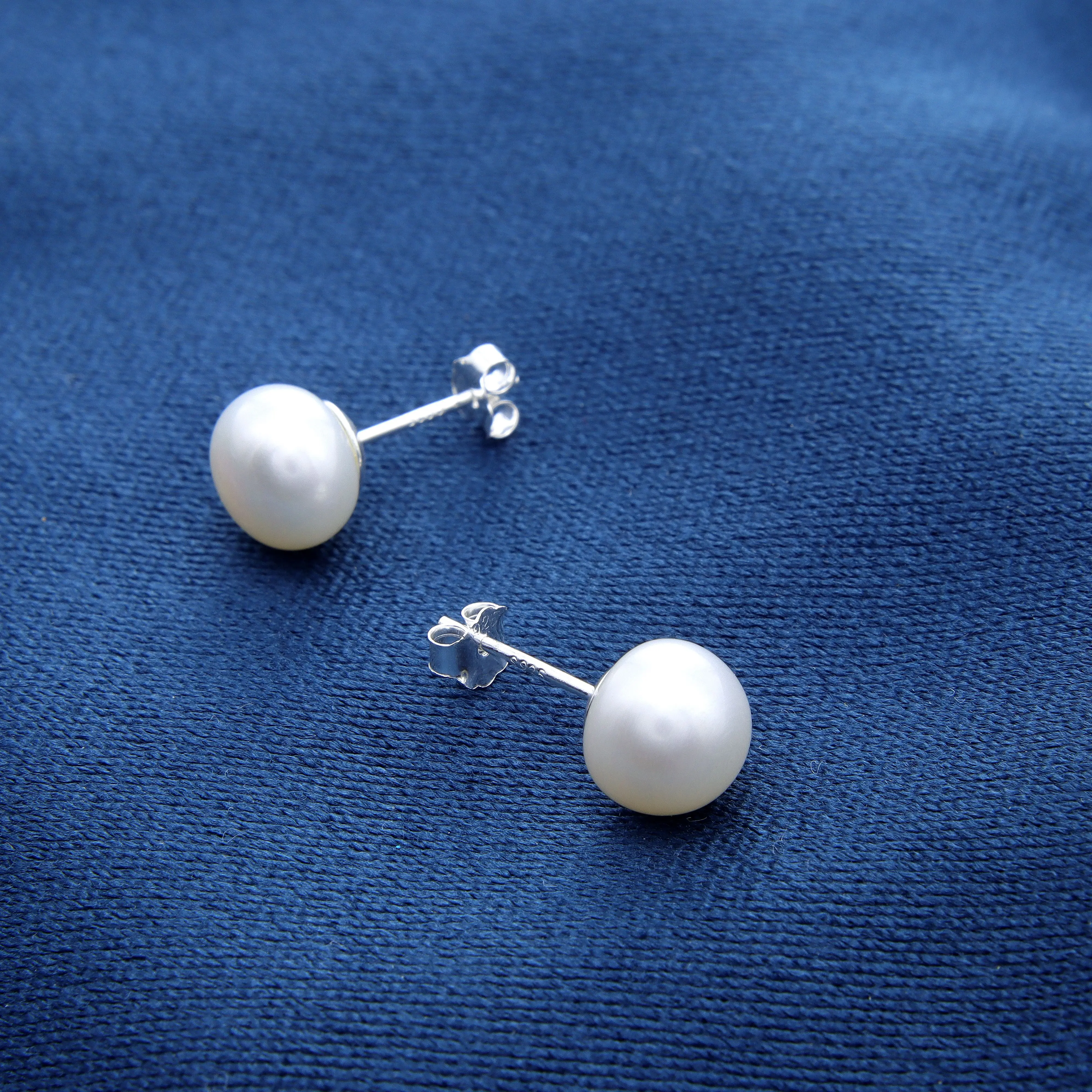 Sterling Silver Genuine Freshwater Cultured Pearl Stud Earrings, Carefully Selected AAAA Grade High-Quality White Button Pearl