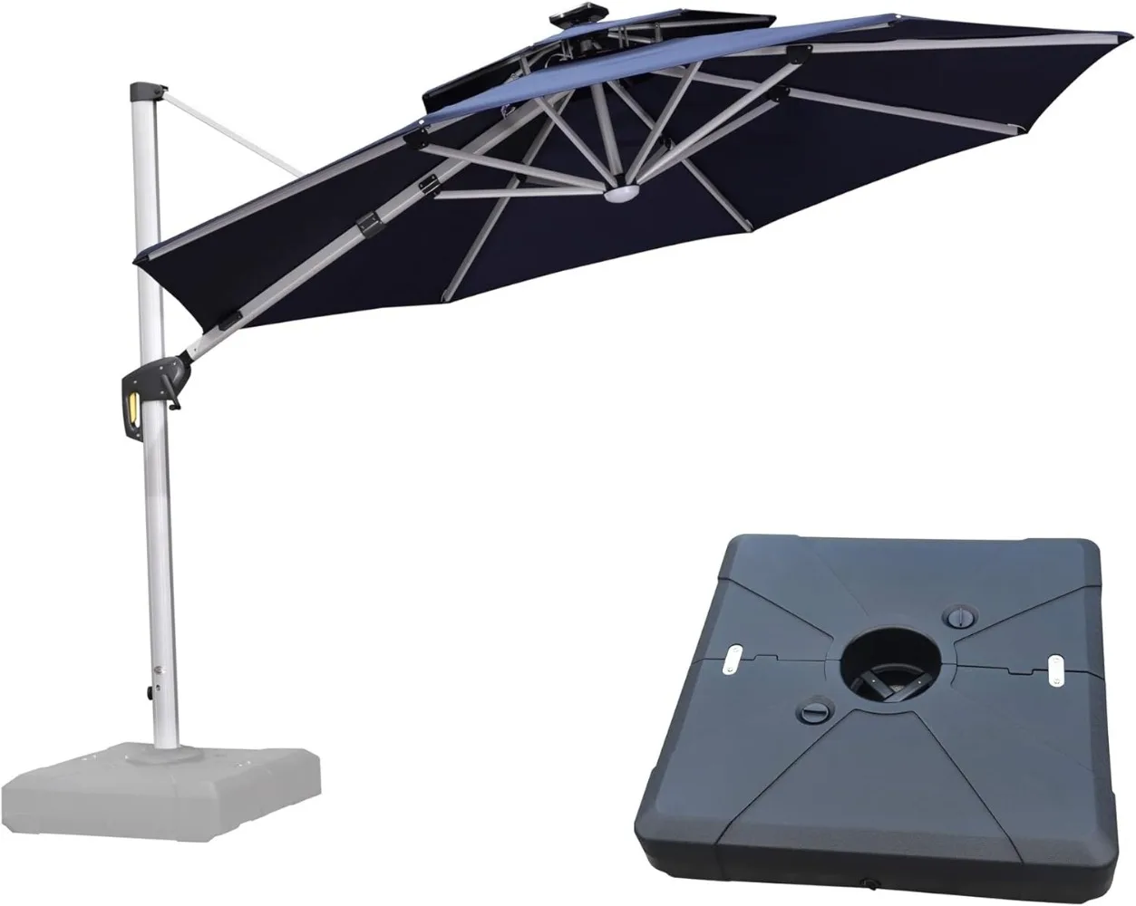 11ft Patio Umbrella With Base Solar powered LED Cantilever Umbrella Windproof Outdoor Offset Umbrella for Garden Deck Patio