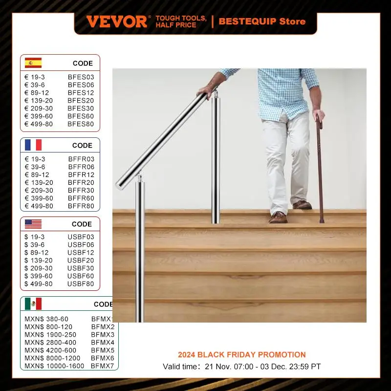 VEVOR 80-140CM Handrail Stair Railing For 1-5 Step Indoor & Outdoor Steps Stainless Steel  220LBS Load Transitional Hand Railing