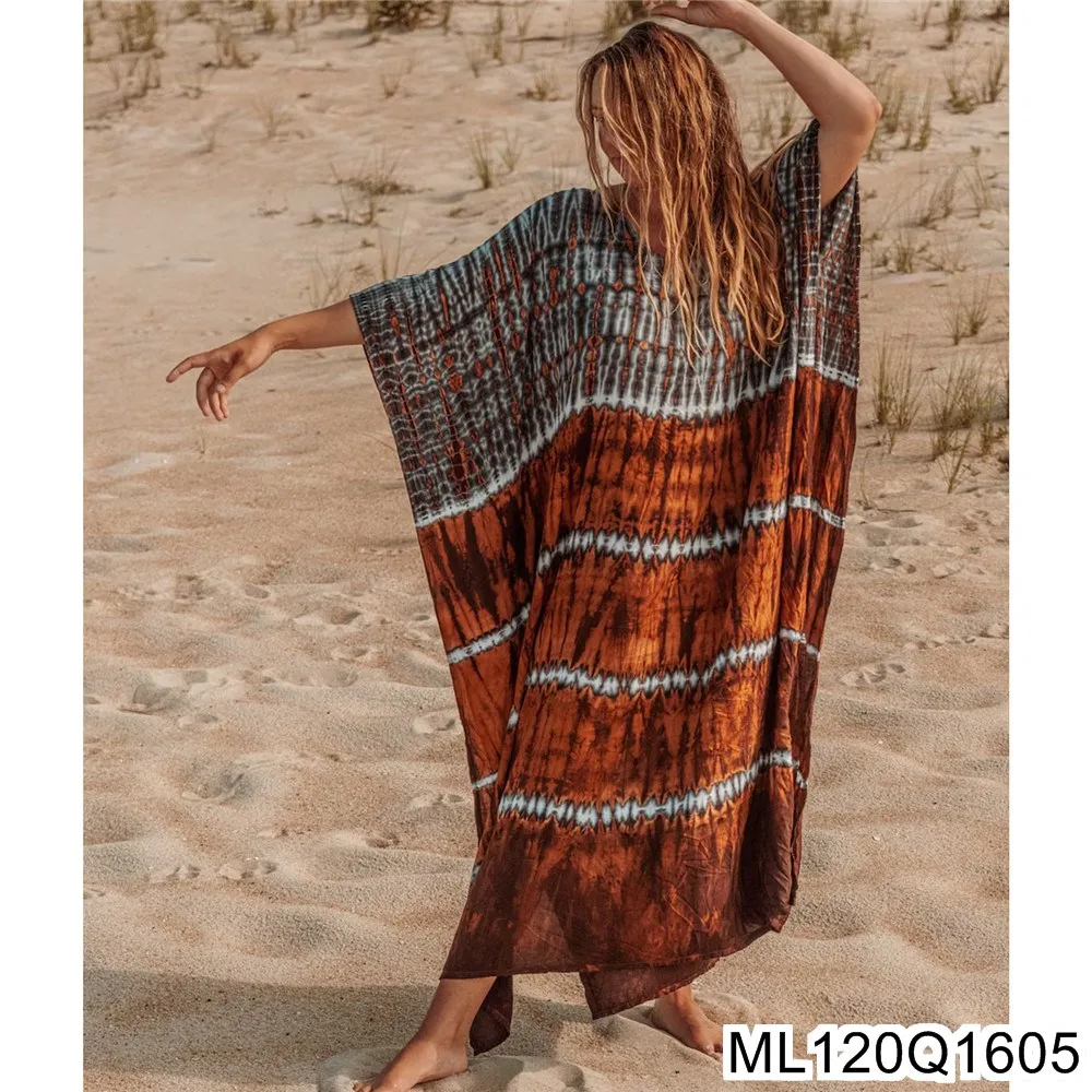 2025 ใหม่ผ้าฝ้ายเบาะ Tie-ย้อมพิมพ์ Beach Smock, วันหยุดหลวมชุดยาว, ชุดว่ายน้ํา, Smock Dress, ฤดูร้อน ML120Q16