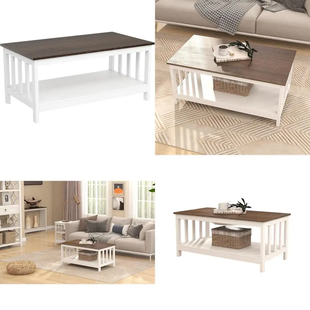 

White 40 Farmhouse-Style Living Room Coffee Table with Storage Shelf