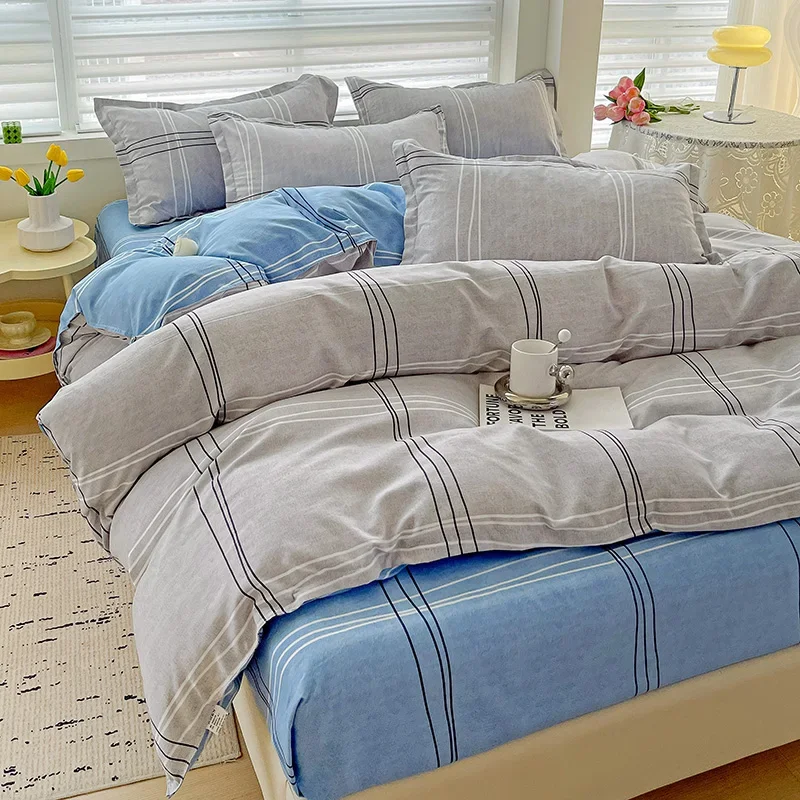 4 Piece, 100% Cotton Bedding Set, 4 Piece Bed Sheet Comforter Set, Simple Striped Check Couple Bed Quilt Set