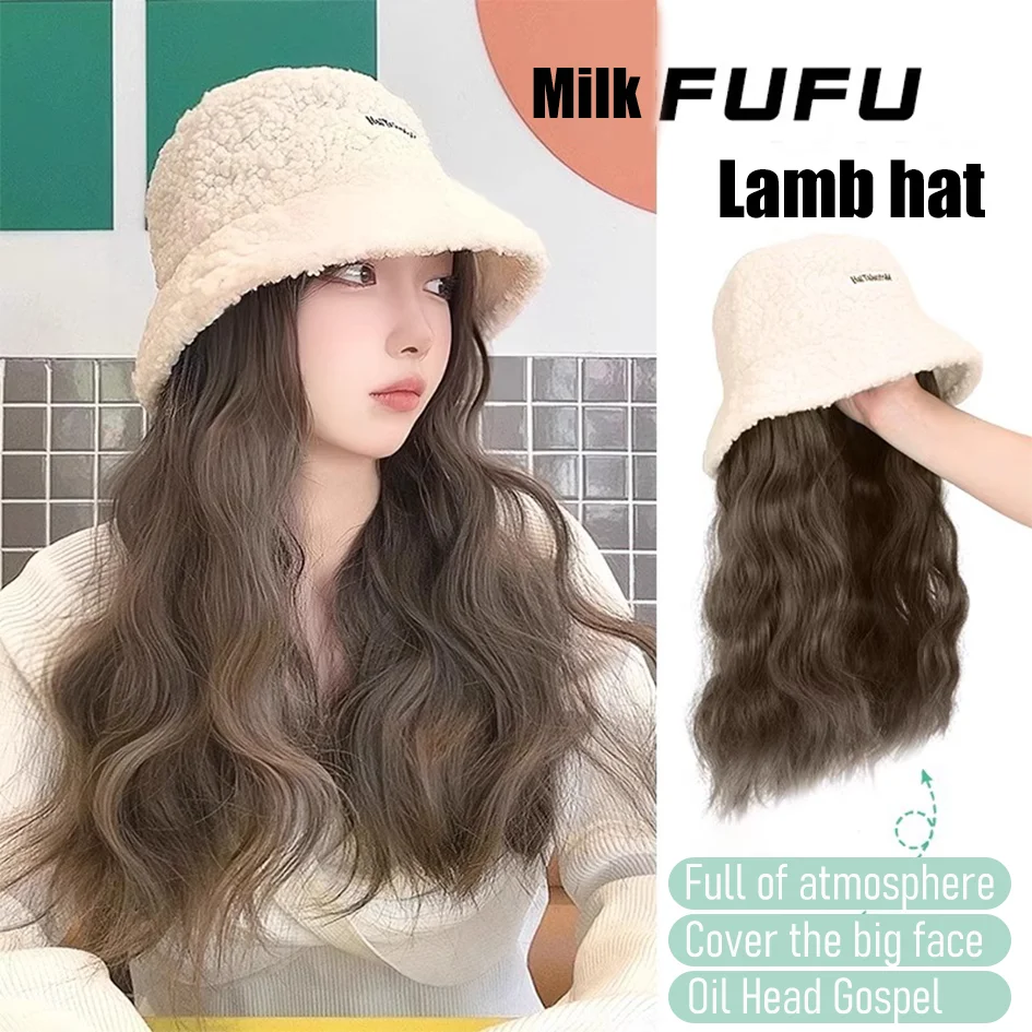 Synthetic 50cm winter cold resistant wig hat with long straight hair and long curly hair black/white hat with lambhair Christmas