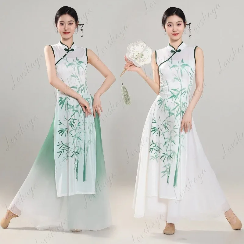 New Arrival Classical Dance Practice Wear Flowy Chinese Style Stretchy Cheongsam Sheer Costume