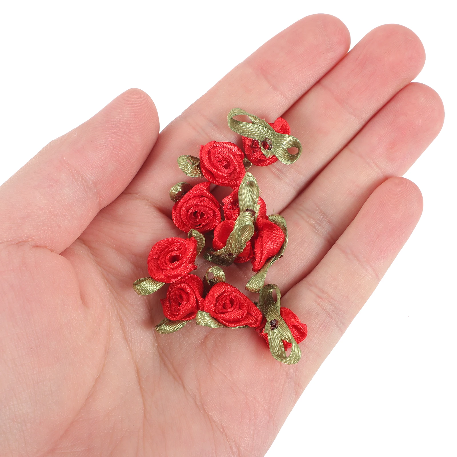 

100 Pcs Silk Ribbon Roses Fabric Artificial Flowers Green Leaf Decorative Bows Clothes Accessories Embroidery Crafts