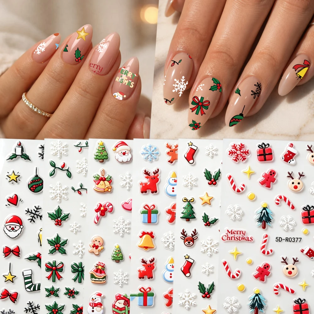6pcs 5D Embossed Christmas Nail Stickers Santa Snowman Gingerbread Holly Snowflake Nail Decals DIY Winter Manicure Nail Sliders