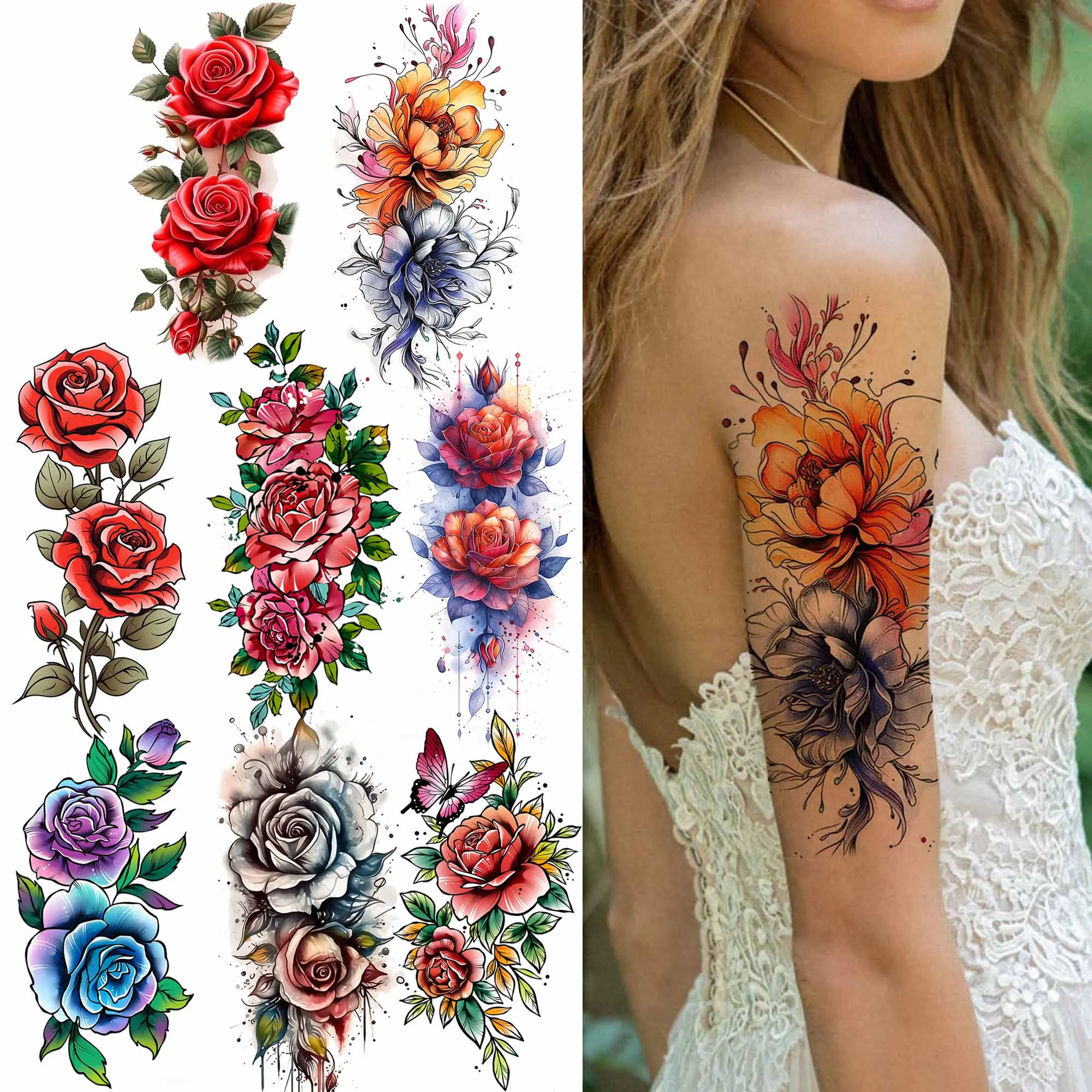 1 Sheet Blossom Flower Watercolor Temporary Tattoos For Women Girls Beauty Rose Peony Tattoo Sleeve Water Transfer Arm Forearm
