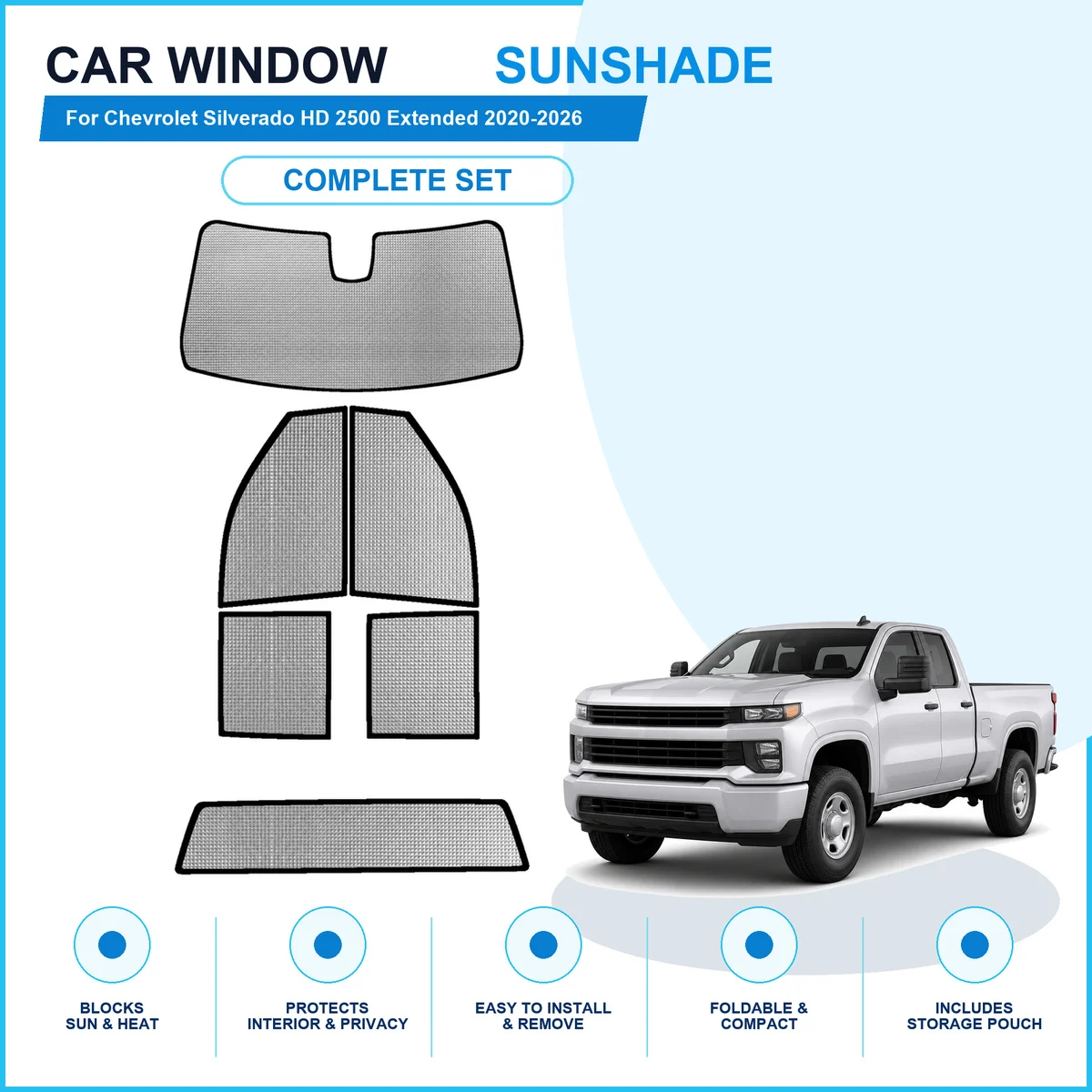 For Chevrolet Silverado HD 2500 Extended 2020-2026 Custom Full Set Window Sunshades Aluminum Foil Suction Cup Anti UV Privacy