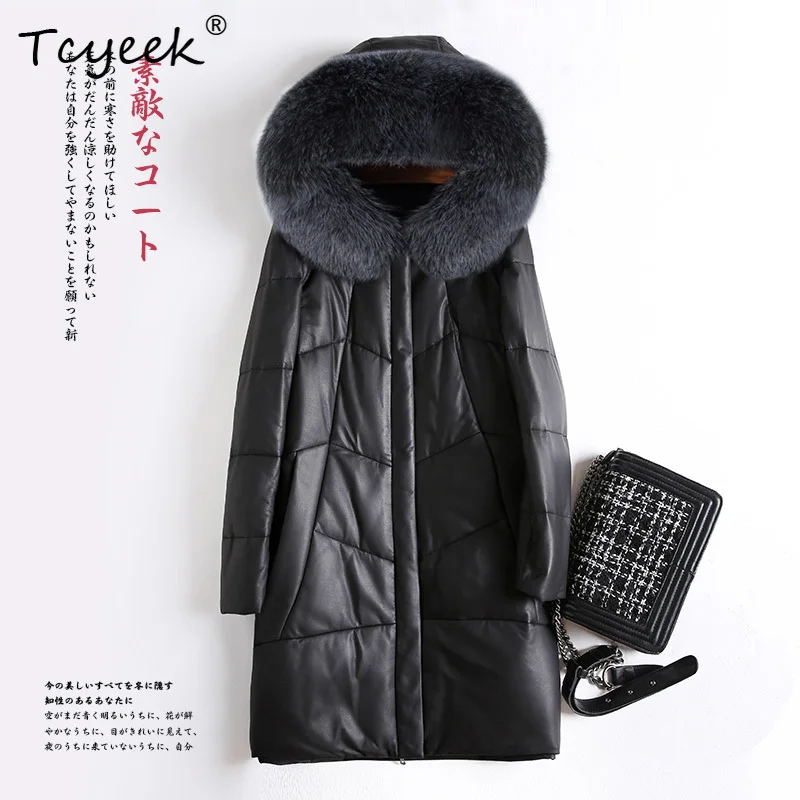 Tcyeek Schapenvacht Herfst Winter Capuchon Vos Bontkraag Zwart Middellang Dames Witte Eendendons Jas Casacas Para Mujer Invierno