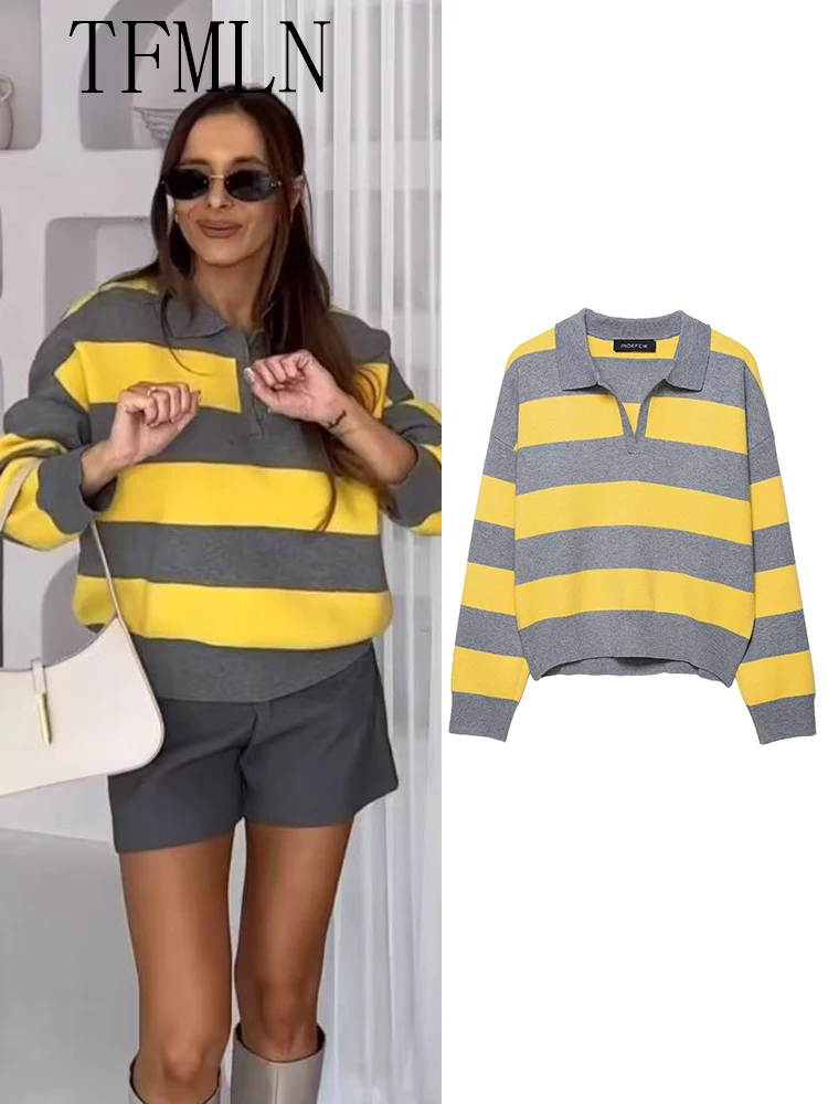 

TFMLN оверсайз полосатый вязаный свитер для женщин, осень 2022, модный повседневный свободный пуловер с воротником-поло, топы, шикарный уличный трикотаж