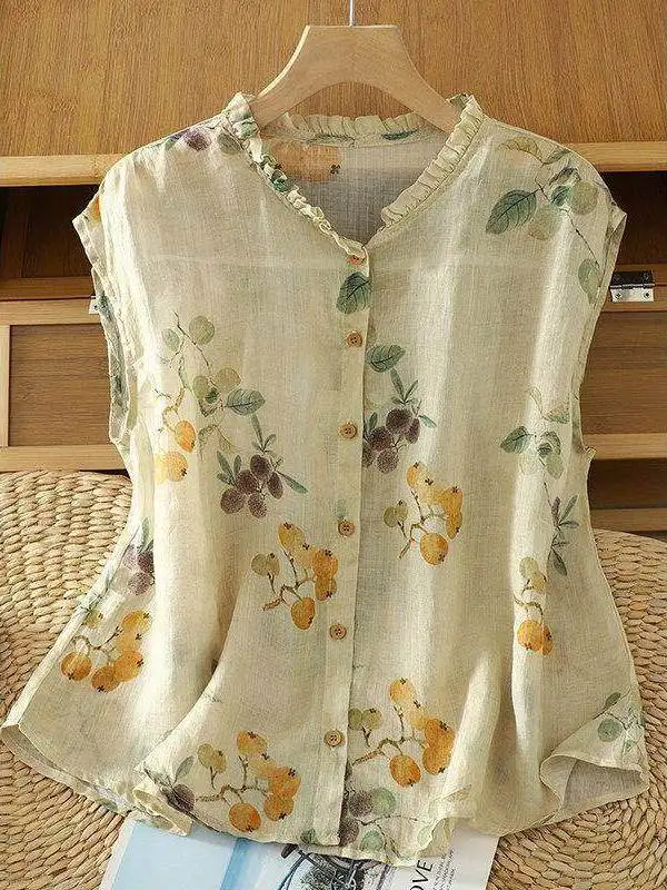 

Retro National Style Floral Print Sleeveless Cotton Linen Shirt Women's Summer New Earlet Collar Artistic Versatile Elegance ...