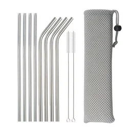 Reusable Metal Drinking Straws 304 Stainless Steel Sturdy Bent Straight Drinking Straw with Cleaning Brush Bar Party Accessory