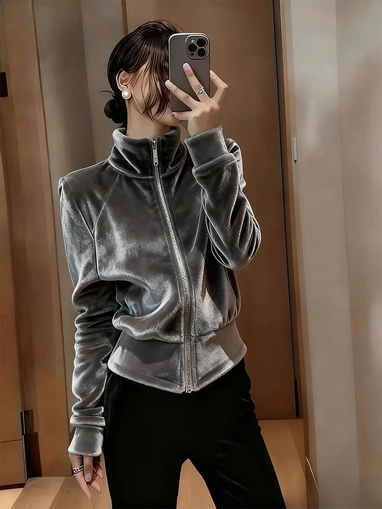 

Элегантная серая бархатная куртка женская осенне-зимняя новая модель приталенного кроя с воротником-стойкой на молнии стандартного размера верхняя одежда