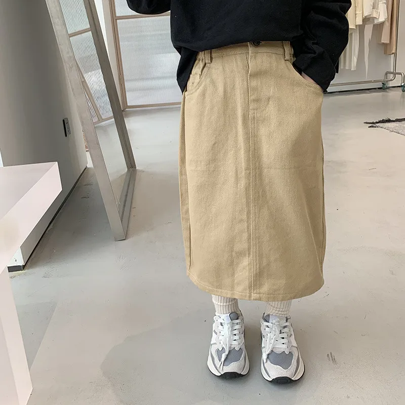 

Универсальная юбка средней длины для девочек, корейский стиль, новинка весны 2023, детская одежда с карманами, модная юбка для маленьких девочек