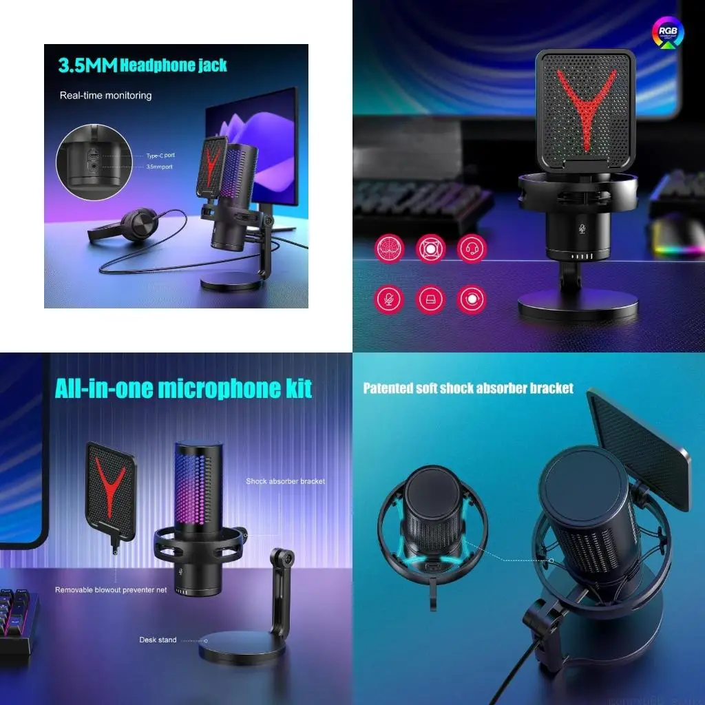 

F62C USB-кардиоидный конденсаторный микрофон с настольной подставкой Цветная светодиодная подсветка Регулирует звук для ПК, игр