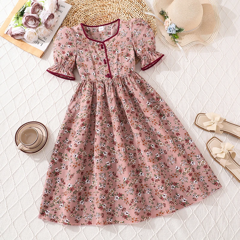 Stylish Girls Summer Vintage Print Dress 8-12Y, Popular Square Neck Ruffle Cuff Floral Dress for Party Outdoor Weekend Trip