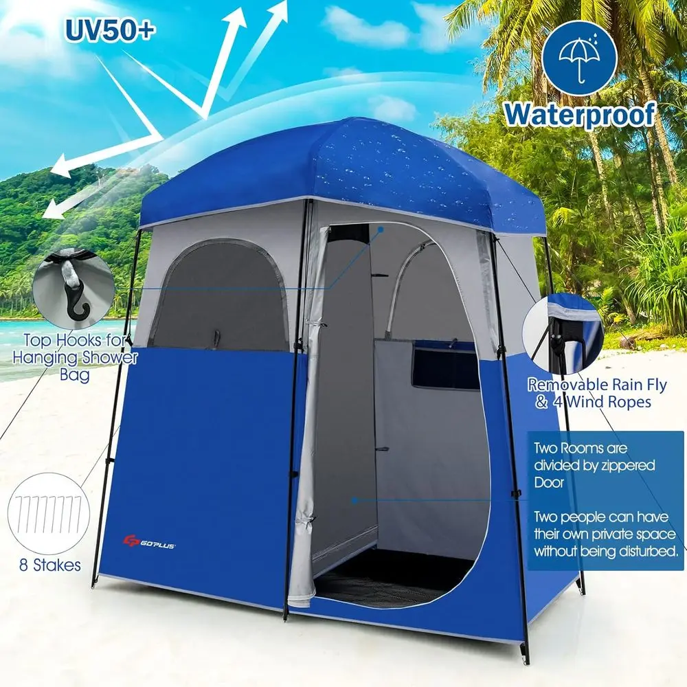 Portable 2-Room Shower Tent with Floor Drain, Detachable Rainfly, UV Protection, Water-Resistant Privacy for Camping and Outdoor