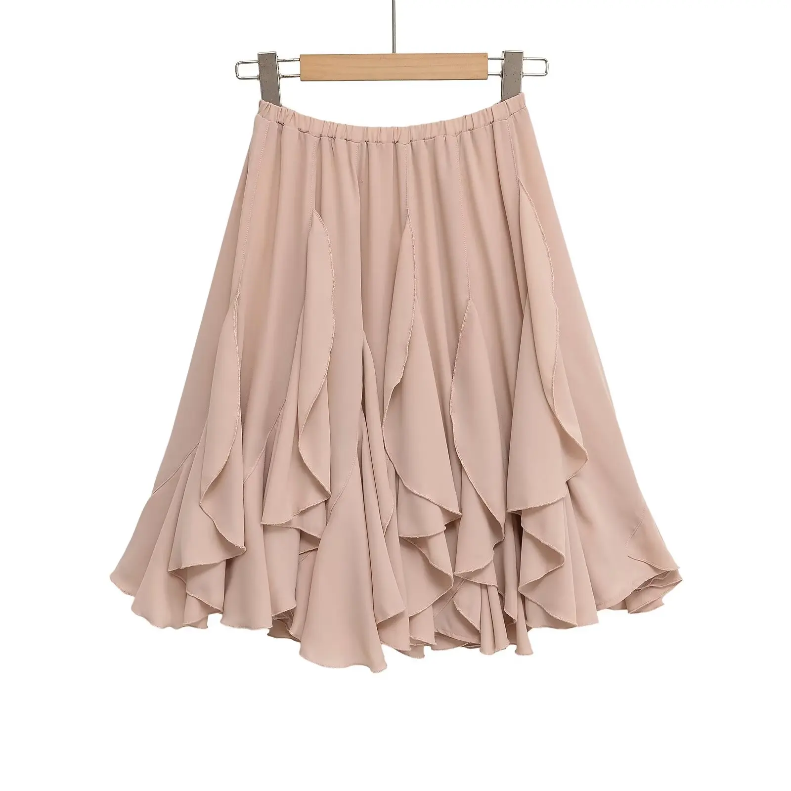 2026 Chic Women's Casual High Quality Knee-length Pink Layered Skirts Ladies Elegant A-line Tierred Ruffles Elastic Midi Skirt