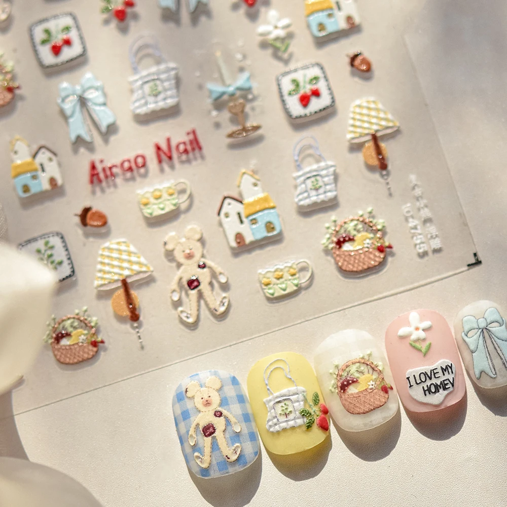 レトロクマちょう結びイチゴフラワーバスケットキャンドル 5D ネイルアートステッカーかわいいヴィンテージ自己粘着装飾マニキュアデカール DIY