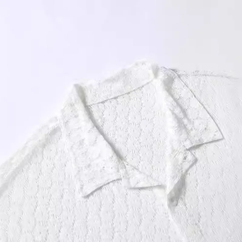 European and American Cross-border Men's Fashion Lace Short-sleeved Shirt Casual Button Cutout See-through Casual Men's Clothing