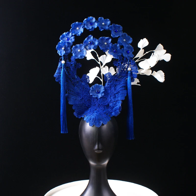 Hair Accessories Chinese Style Blue and White Porcelain Headdress Cheongsam Accessories Model Show Exaggerated Modeling Props1Pc