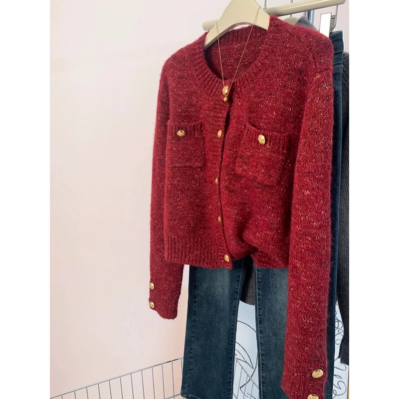 

Red ort Knitted Sweater Cardigan Women's Faion Spring 2025 Career Sle Polyester Fiber Long Sve round Ne Coat