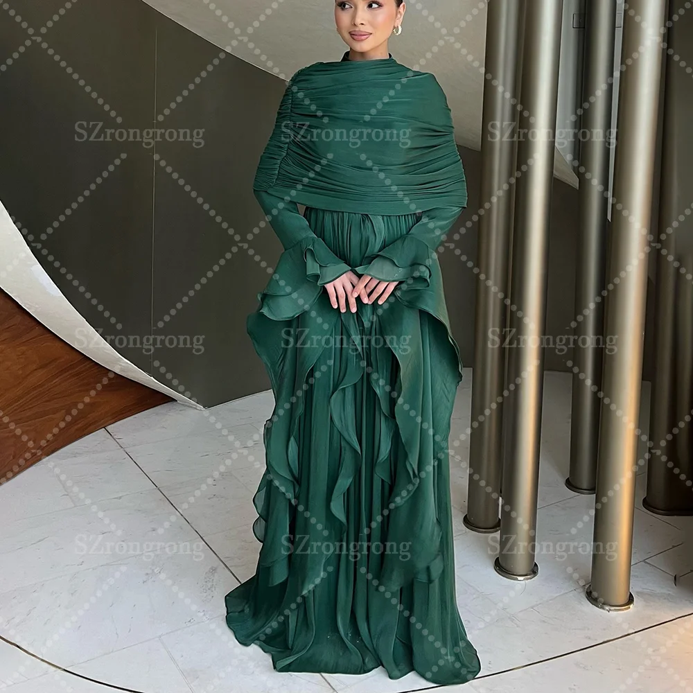 العرف المرأة جيرسي مطوي كريب ثوب مسائي رسمي غمد مثير الكشكشة المتدرج الطابق طول فستان الحفلات السعودية مع كوت