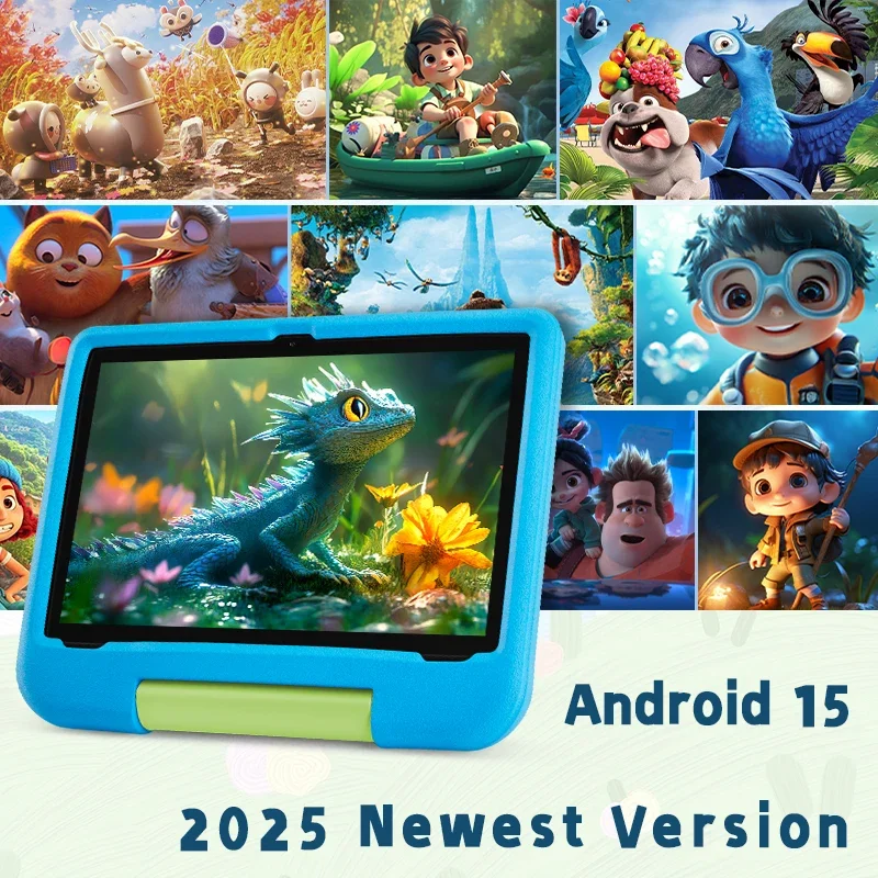 تابلت للأطفال، تابلت 10.1 بوصة يعمل بنظام أندرويد 15 للأطفال، وذاكرة وصول عشوائي 8 جيجابايت وذاكرة قراءة فقط 64 جيجابايت وبطارية 5000 مللي أمبير في الساعة مع تحكم في الوالدين، وكاميرا مزدوجة