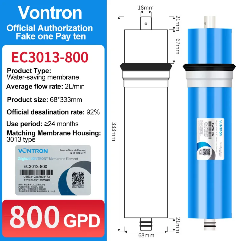 Vontron Brand Genuine 800 GPD Universal RO Membrane 3013-800 Water Purifier for Household