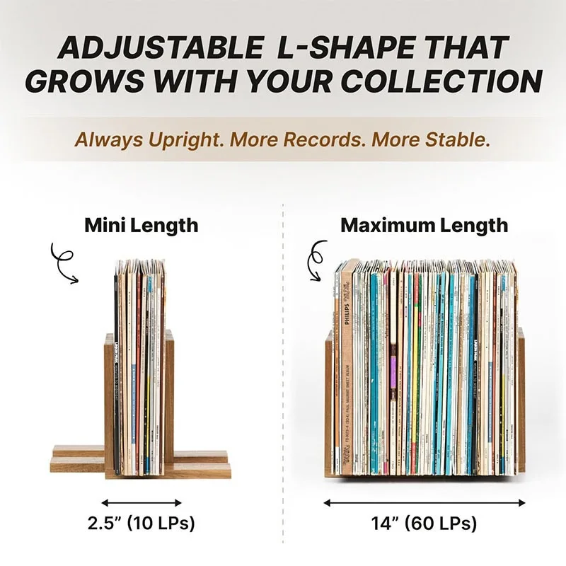 Adjustable Wooden Vinyl Record Holder Expandable LP Storage Stand Multi-use Bookend for Home Office Desk Organizer
