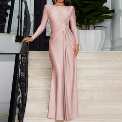 Elegant 2024 Solid Color O-neck Evening Gala Dress Women Chic Draped Twist Waist Party Dress New Female Full Length Maxi Dress