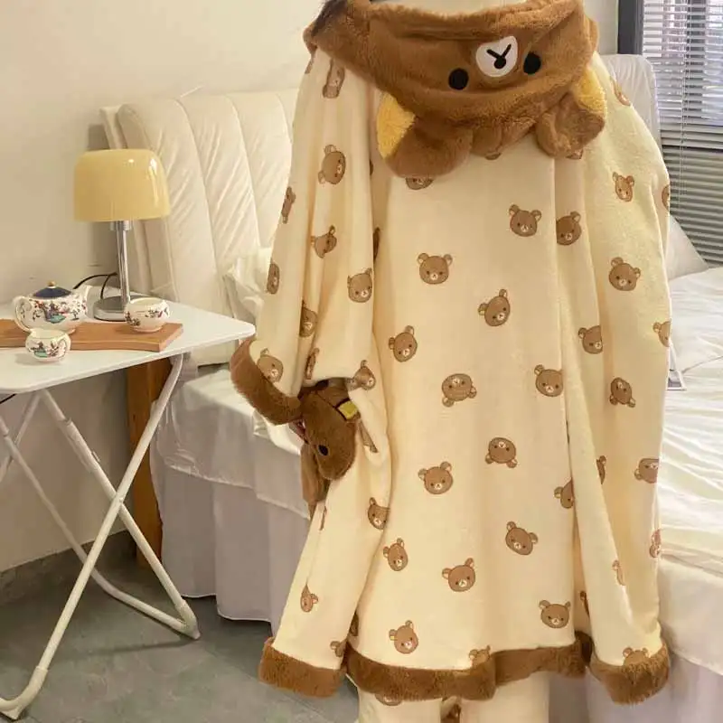 

Cute Rilakkuma Cartoon Thick Robe Coral Flannel Hooded Pajamas Soft Comfortable Warm Autumn Winter Home Clothes Practical Gifts